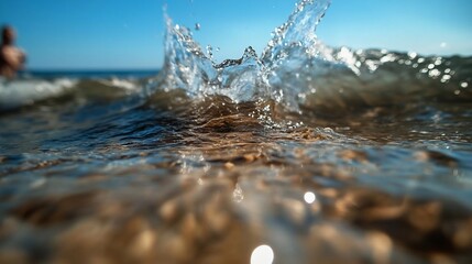 Poster - Close-up of water splash in ocean wave with sunlight reflection and a blurred person in the background. Sunny beach with crystal clear water and golden sand