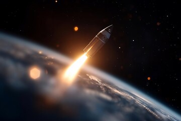Aufkleber - Animated rocket launching into space with glowing exhaust and bokeh effect. Depicting Earth in the background under a starry night sky