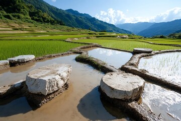Leinwandbilder - Scenic landscape featuring terraced rice fields with water reflections set against a backdrop of rolling green hills under a bright blue sky. The image captures the essence of agricultural beauty and