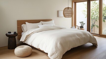 Poster - Cozy bedroom interior featuring a light-colored bed with fluffy bedding. Wooden elements like the headboard and side table add warmth. A window reveals an outdoor view, and a decorative light fixture