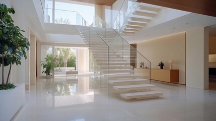 Aufkleber - Elegant modern interior design featuring a grand staircase with glass railing and natural light streaming through large windows illuminating the bright space. The composition showcases architectural