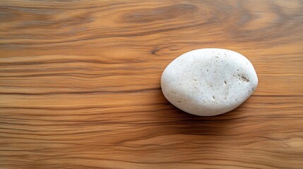 Fototapete - Close up of a smooth white stone on a textured wooden surface. The stone is light in color with a slightly rough texture. The wood grain is visible with warm brown tones