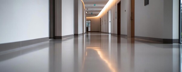 Aufkleber - Long perspective shot of a modern hallway with glossy floors and minimalist design. White walls and warm lighting create a clean elegant atmosphere