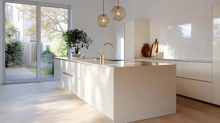 Poster - Modern white kitchen interior design with island and gold accents featuring natural light from a large window overlooking a garden