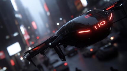 Poster - Futuristic drone flying over a city street with blurred traffic lights and raindrops reflecting the neon lights. Cinematic view with dark tones and a sense of technological advancement