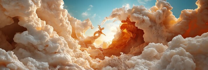 Poster - Abstract digital artwork showcasing a dynamic scene with stylized clouds bathed in warm sunlight with a figure soaring through a celestial landscape