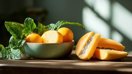 Poster - Close-up shot of a bowl of orange fruits with green mint leaves on a wooden surface. Natural lighting highlights the textures and vibrant colors