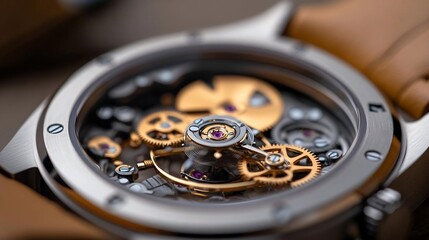 Poster - Close-up of a mechanical watch showing intricate gears in gold and silver tones with a brown leather strap. The watch reveals internal components