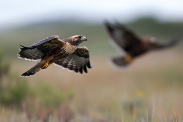 Aufkleber - Two raptors in flight against a blurred background of grassland and sky. The foreground bird is in sharp focus displaying intricate feather detail. Lighting suggests a soft daytime