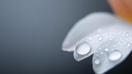 Poster - Close-up of white flower petal with water droplets against a blurred gray background demonstrating purity and freshness