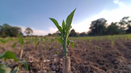 Leinwandbilder - Close-up of a young corn plant with water droplets in a field under a clear blue sky. The background features rows of corn plants and trees with soft sunlight