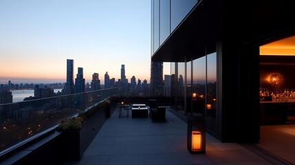 Aufkleber - Exterior view of rooftop terrace with cityscape in background. The dusk sky and buildings provide a serene, elegant atmosphere. Interior features a well-lit space with modern furnishings
