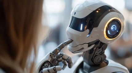 Poster - Close-up of a futuristic robot interacting with a human. The robot has a sleek white and black design with glowing blue eyes and intricate details. Focus on the interaction and the advanced