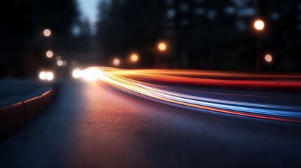 Aufkleber - Road at night with blurred lights and motion trails. Dark asphalt with blurred vehicle lights creating streaks of color. Illuminated streetlights and a bokeh effect. 