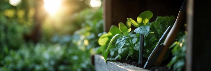 Poster - Sunlit garden scene with lush green plants wooden planter and gardening tools. Soft focus background with bright sun flare evokes serenity and natural beauty. Ideal for nature and gardening themes