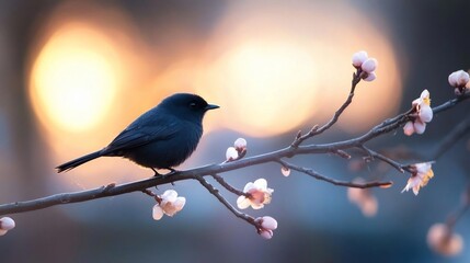 Aufkleber - A small dark bird perches gracefully on a delicate flowering branch against a soft bokeh background of warm light. The bird is the focal point with the branch and flowers adding detail