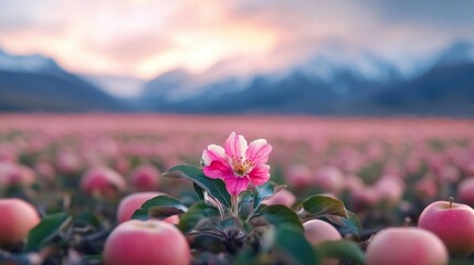 Poster - A vibrant pink flower blossoms amidst a field of apples with a backdrop of snow-capped mountains under a soft pink and blue sky. The foreground features water droplets on the apples