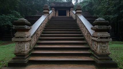 Poster - Ancient stone staircase ascending towards a temple entrance surrounded by lush green trees creating a serene and mysterious atmosphere. Carvings and intricate details add to the historical aesthetic