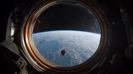 Poster - A spacecraft window frames Earth's curvature and dark space a distant satellite floats. The scene evokes wonder and exploration in a vast cosmic expanse
