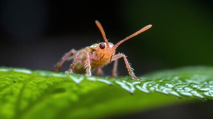 Poster - Close-up view of a small insect on a green leaf showcasing intricate details and natural textures. The insect is orange with long antennae and the leaf has fine veins. Dark blurred background