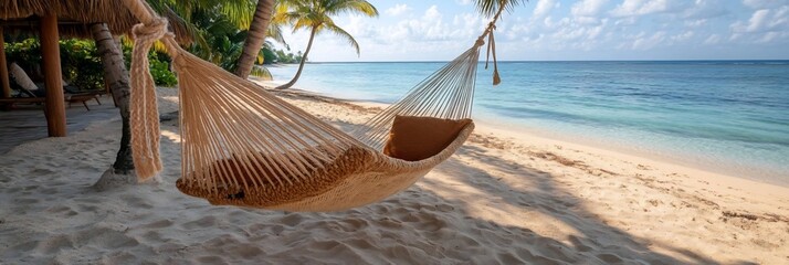Poster - Relaxing beach scene featuring a woven hammock suspended between palm trees sandy beach meets turquoise ocean under a bright sunny sky evoking serenity and leisure