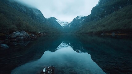 Poster - A serene mountain lake reflecting towering peaks under a cloudy sky. The water is still and clear. Lush green trees flank both sides of the lake