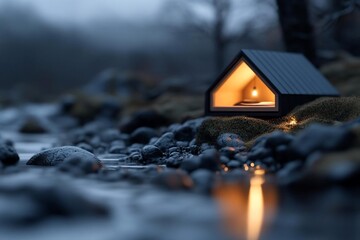 Leinwandbilder - Miniature illuminated cabin model on mossy ground beside a flowing stream with blurred background atmospheric scenery and soft light glow