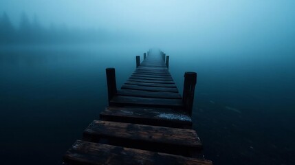 Poster - Wooden pier extending into a misty lake shrouded in fog evoking a sense of mystery and tranquility. The scene is bathed in cool blue tones