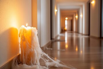 Aufkleber - A large lit candle with melting wax sits against a wall.  A long, empty hallway extends into the background with warm light from the end