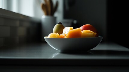 Poster - A white bowl filled with a variety of colorful cut fruits sits on a gray countertop with a window backdrop providing natural light