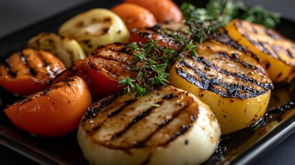 Poster - Grilled vegetables arranged on a black plate with thyme sprigs and char marks, showcasing a close-up view with natural lighting and a dark background