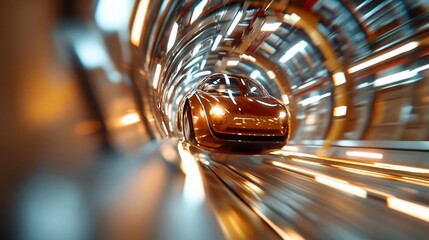 Aufkleber - Futuristic vehicle moving rapidly through a brightly lit tunnel with blurred motion effects depicting speed and technological advancement