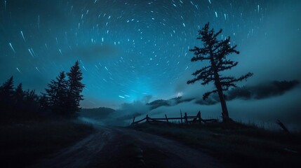 Poster - Night landscape captures a starlit sky with a winding road through foggy mountains and dark trees under a deep blue atmosphere