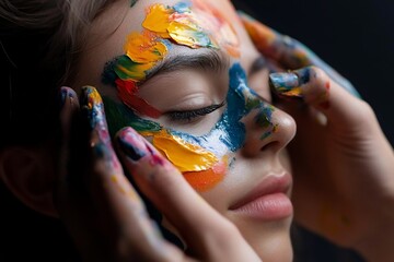 Poster - Close-up of a person's face adorned with vibrant brushstrokes of colorful paint artistic beauty with eyes closed and hands gently touching the face against a dark backdrop