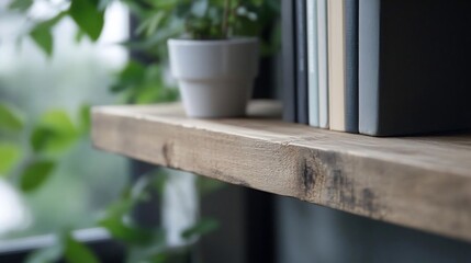 Poster - Close-up view of a wooden shelf holding books and a small potted plant against a blurred background of green foliage and a window