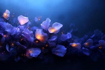 Fototapete - Abstract floral design with luminous petals. Glowing orange cores illuminate the dark blue background with a dreamlike ethereal quality. The piece features soft shapes and a gradient of light