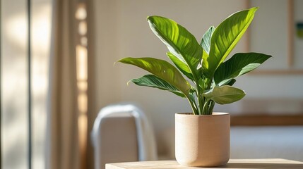 Aufkleber - A vibrant green potted plant sits on a wooden table indoors with sunlight streaming through a window illuminating the leaves. A beige armchair and curtain in the background
