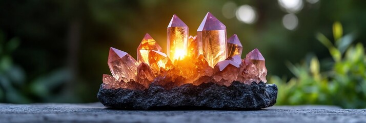 Aufkleber - Close-up of a cluster of illuminated crystals. The crystals are in shades of orange and purple with a dark textured base. The background is blurred green foliage with soft sunlight