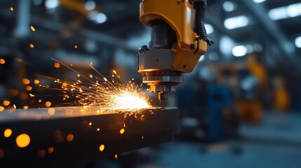 Poster - Industrial robotic arm in operation cutting metal emitting sparks in a factory setting. The image features a close-up of the action. The lighting is focused and the environment is blurred