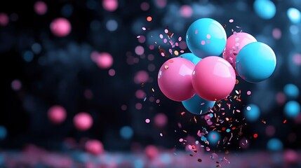 Aufkleber - Vibrant composition of floating spherical objects in pink and teal colors with scattered confetti against a blurred dark background with bokeh effect