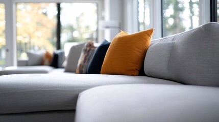 Poster - Close-up shot of a modern grey sectional sofa with decorative pillows in various colors orange navy and patterned placed near a window with a blurred outdoor view