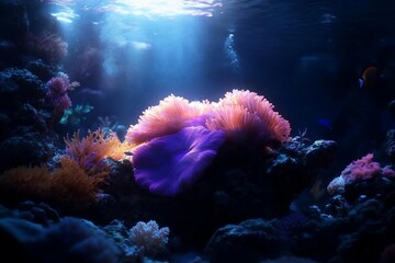 Leinwandbilder - Underwater scene showcasing vibrant coral and anemones illuminated by sunlight filtering through the water creating a mesmerizing aquatic environment