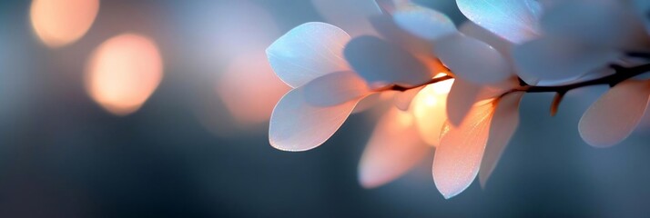 Aufkleber - Close up image of generic leaves with sparkling details against a blurred background creating a soft dreamy aesthetic and warm bokeh lights effect. The image evokes a sense of ethereal beauty and