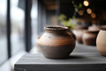Poster - Close-up shot of handcrafted ceramic vase with textured surface and rustic design on a wooden table with blurred background