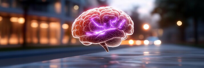 Poster - Glowing brain overlaid on city street concept illustration with digital technology and blurred background. Artificial intelligence and thought process