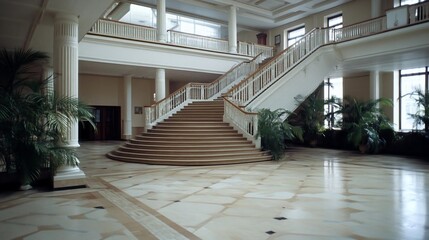Leinwandbilder - Grand interior view featuring a marble staircase with ornate railings and columns. Potted plants and natural light enhance the classic building's design. The symmetrical design evokes a sense of