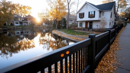 Poster - A scenic autumn landscape featuring a calm body of water reflecting a white house and trees. A black fence is in the foreground and golden sunlight bathes the scene