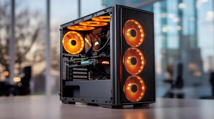 Poster - Close up shot of a computer case with orange lighting on a table indoors with blurred out background