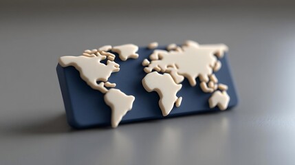 Poster - A 3D rendering of a world map miniature in beige and blue colors. The map is slightly tilted against a gray background, creating a minimalist yet informative visual