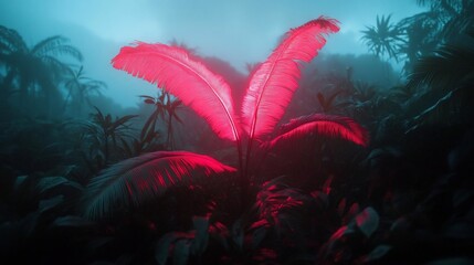 Poster - Mysterious jungle scene with a vibrant red illuminated plant contrasting against the cool blue-green tones of the foliage and misty background